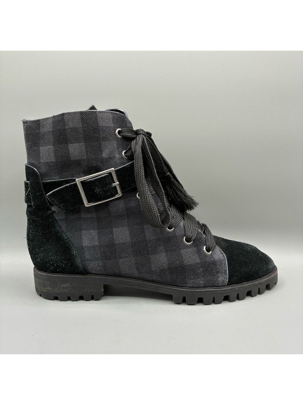 Splendid Celine Plaid Combat Boots Women’s 7 Black Gray Zip Ankle Suede
